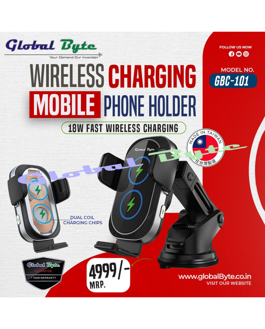 Global Byte Universal Mobile Phone Holder 2 Coil with 18W Fast Wireless Charging | GBC-101